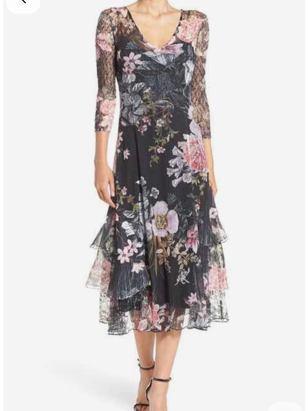 Komarov Floral Print Charmeuse Chiffon Lace Midi Dress 3/4 Sleeves Large $298